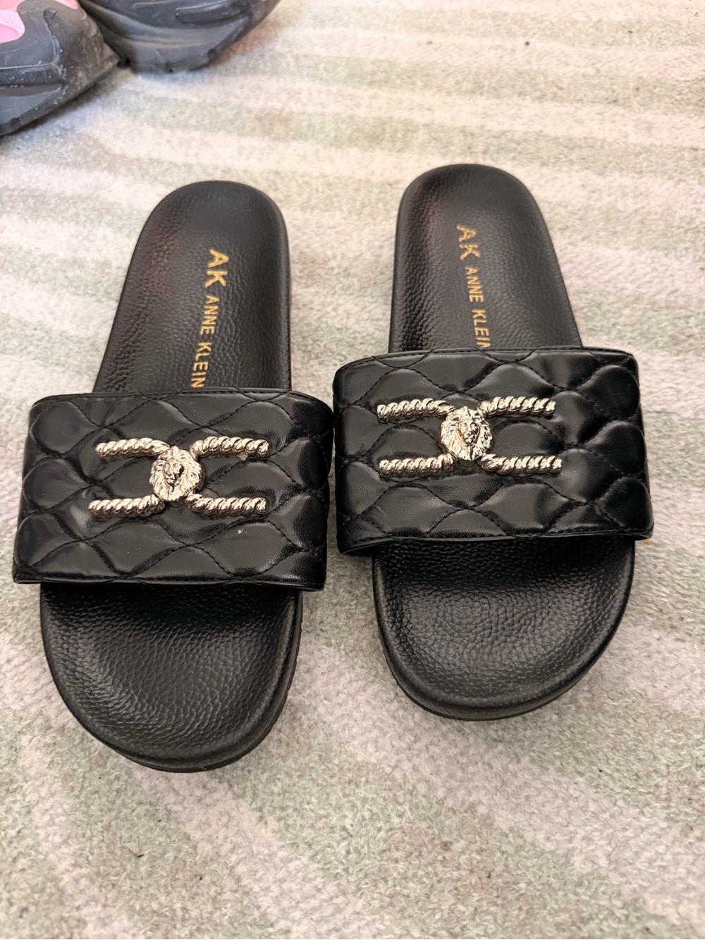 Anne Klein Black Quilted Slide Sandals with Gold Rope Logo